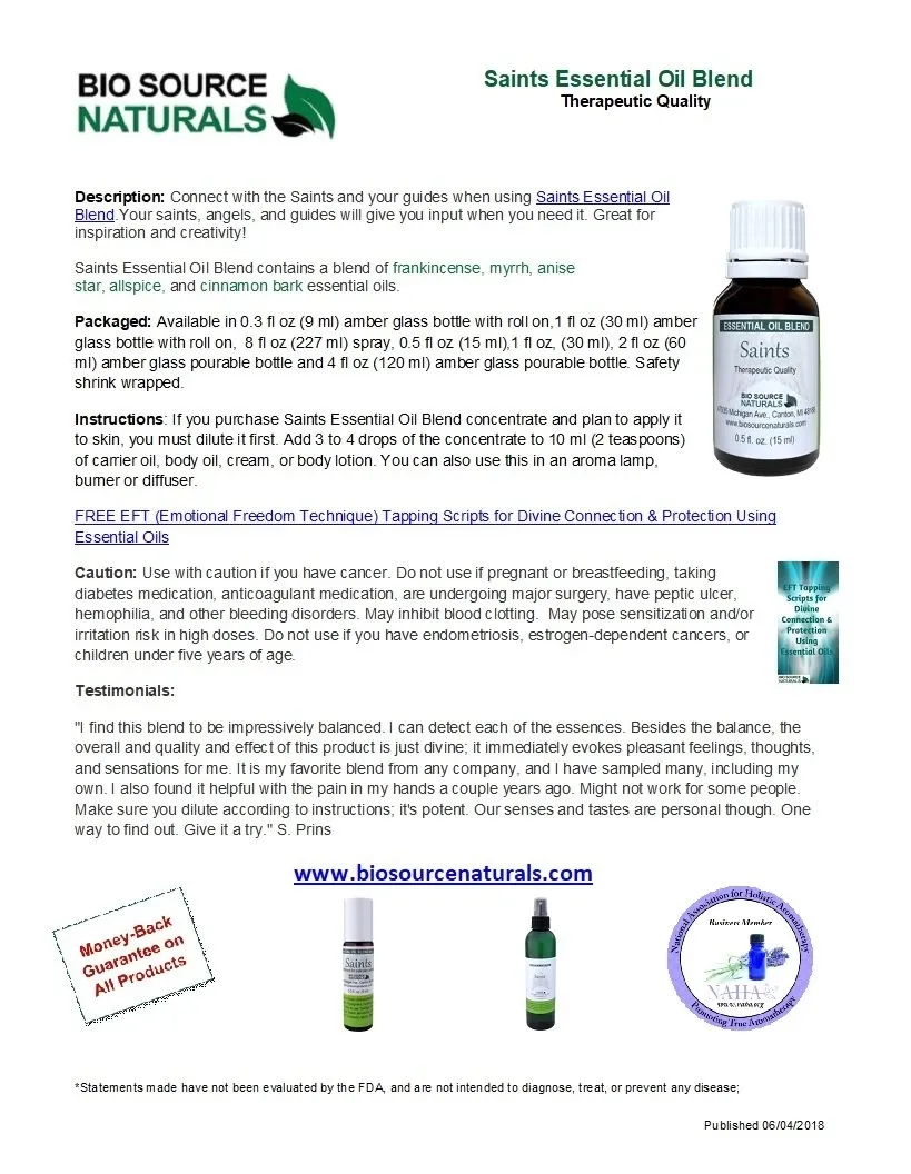 Saints Essential Oil Blend Product Bulletin