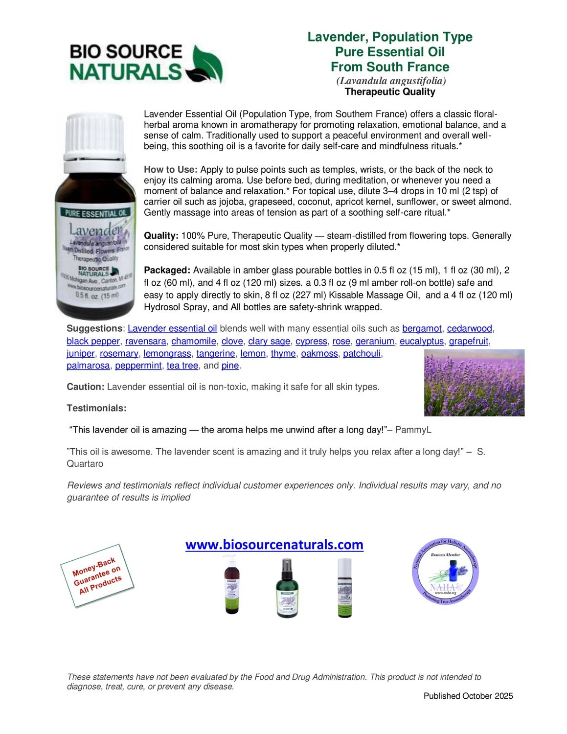 Lavender Pure Essential Oil Product Bulletin - Population Type, from South France