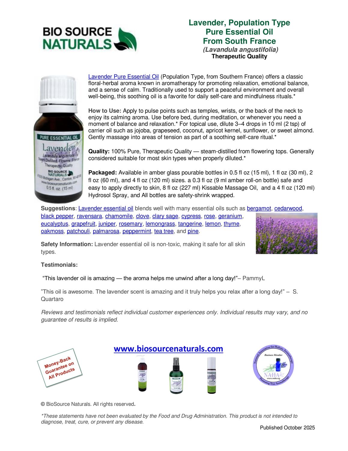 Lavender Pure Essential Oil Product Bulletin - Population Type, from South France