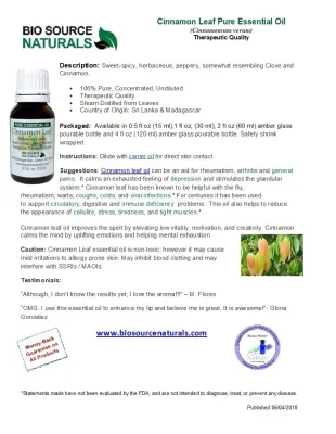 Cinnamon Leaf Pure Essential Oil Product Bulletin