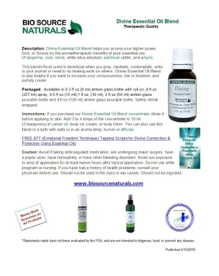 Divine Essential Oil Blend Product Bulletin