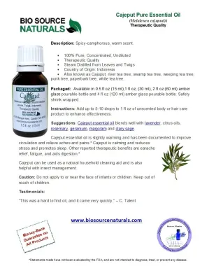 Cajeput Pure Essential Oil Product Bulletin