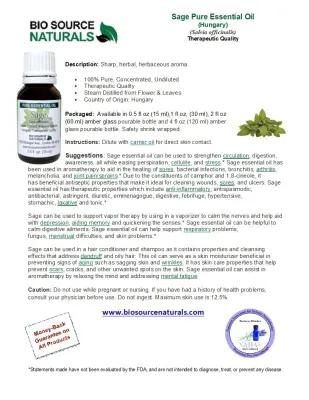 Sage, officinalis Hungary Pure Essential Oil Product Bulletin