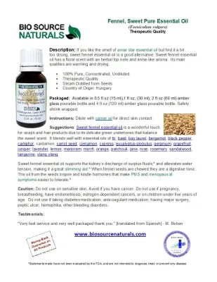 Fennel, Sweet Pure Essential Oil - Hungary - Product Bulletin