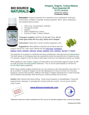 Oregano, Turkey/Albania Pure Essential Oil -  Organic -  Product Bulletin