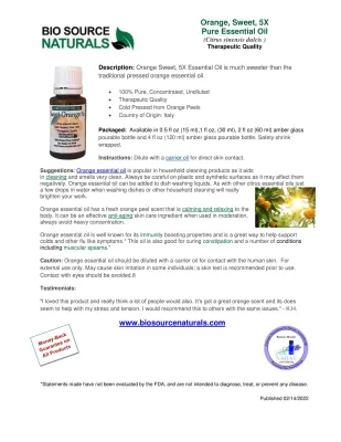 Orange, Sweet 5X Pure Essential Oil Product Bulletin