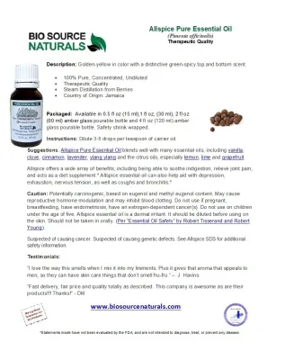 Allspice Pure Essential Oil Product Bulletin