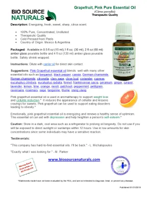 Pink Grapefruit Pure Essential Oil Product Bulletin