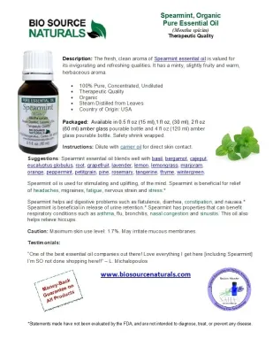 Spearmint, Organic Pure Essential Oil Product Bulletin