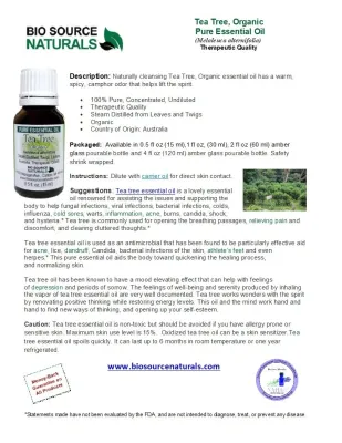 Tea Tree, Organic Pure Essential Oil Product Bulletin