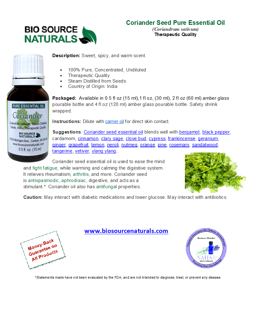 Coriander Seed Pure Essential Oil Product Bulletin