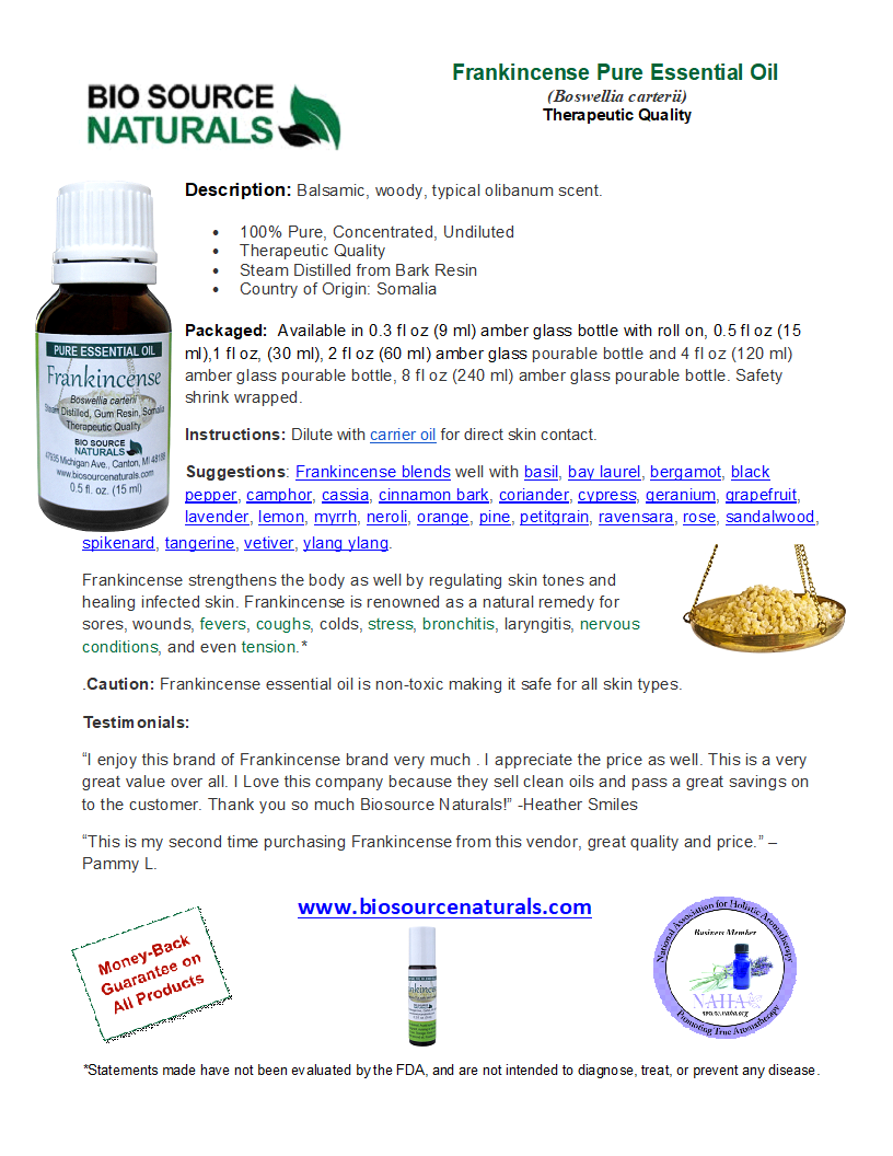 Frankincense, Boswellia carterii Pure Essential Oil Product Bulletin