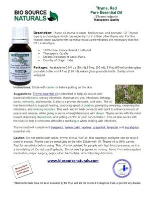 Thyme, Red Pure Essential Oil CT Thymol Product Bulletin