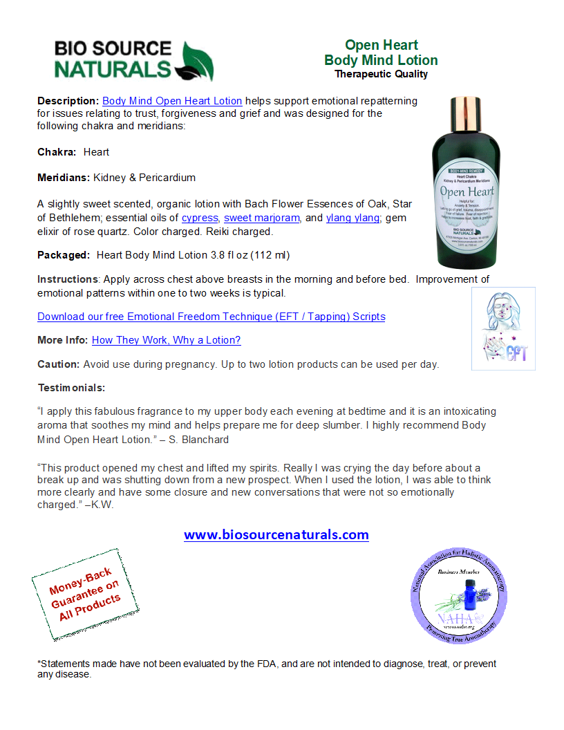 Open Heart Body-Mind Lotion Product Bulletin