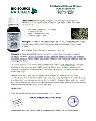 Eucalyptus, Globulus Organic Pure Essential Oil Product Bulletin