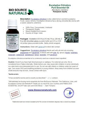 Eucalyptus, Citriodora Pure Essential Oil Product Bulletin