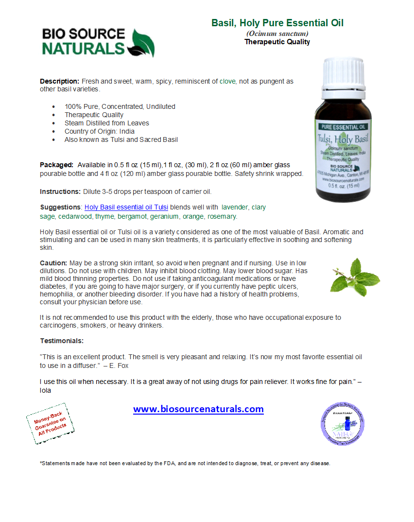Basil, Holy (Tulsi) Pure Essential Oil Product Bulletin