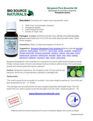 Bergamot (Bergaptene Free) Pure Essential Oil Product Bulletin