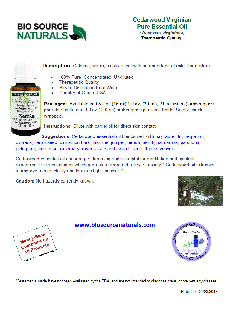 Cedarwood Pure Essential Oil - Virginian - Product Bulletin