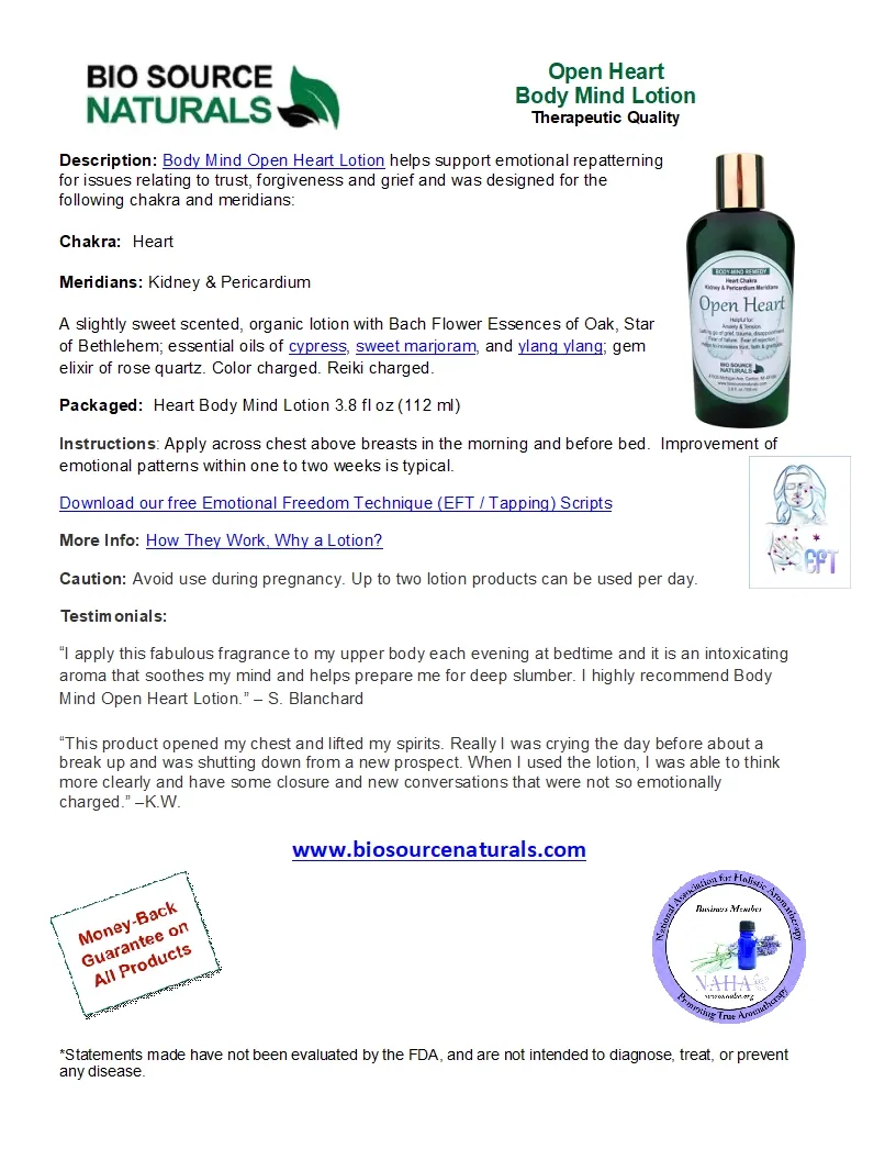 Open Heart Body-Mind Lotion Product Bulletin
