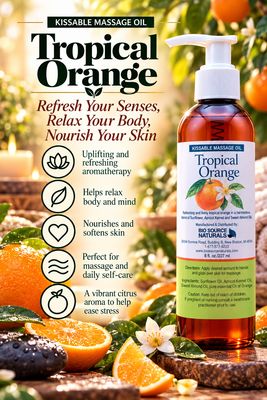 Tropical Orange Kissable Massage Oil | Includes 17 EFT Tapping Scripts for Desire &amp; Connection 8 fl. oz. (227 ml)