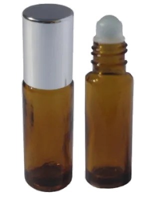 1 fl oz (30 ml) Amber Glass Roll-On Bottle with Silver Cap