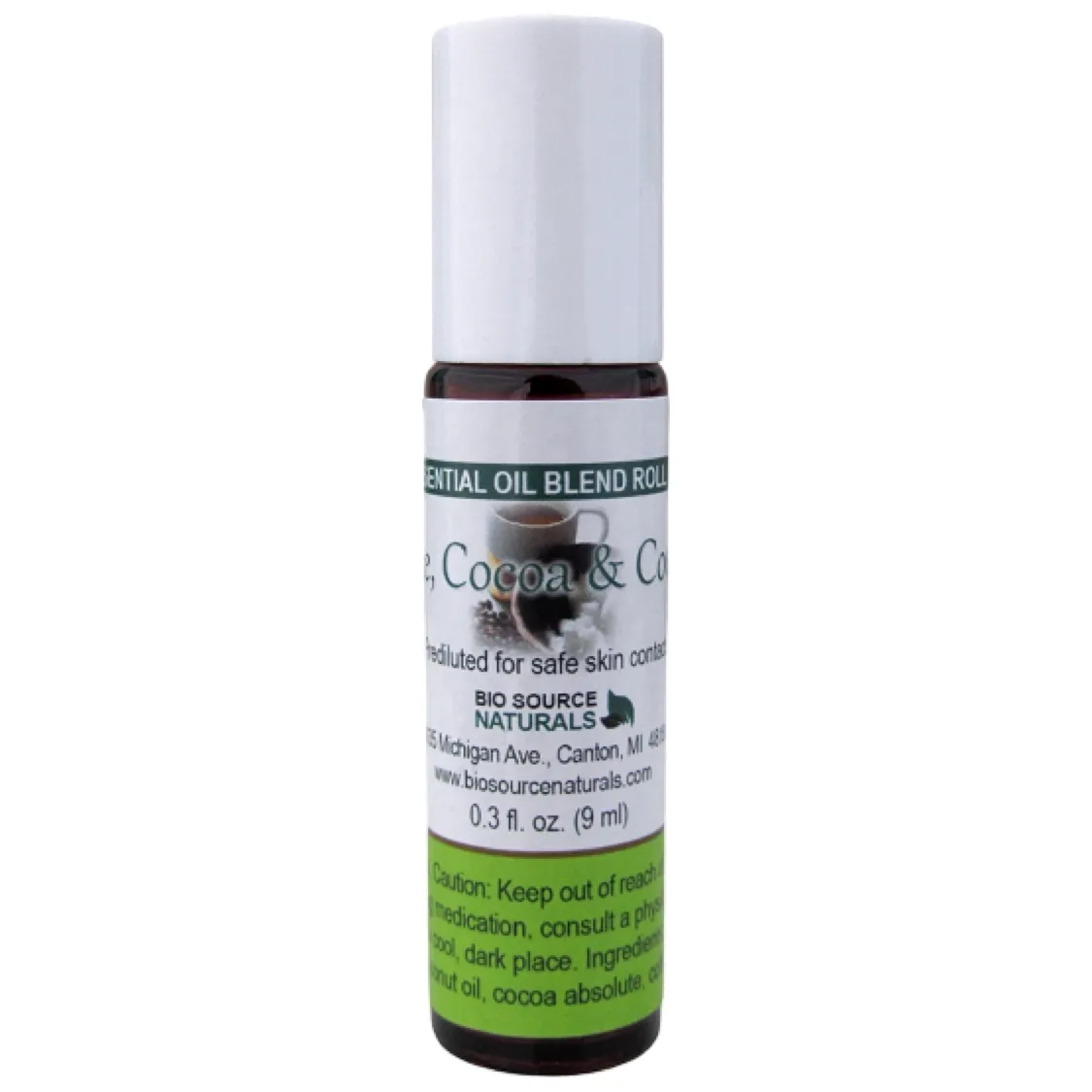 Coffee, Cocoa &amp; Coconut Essential Oil Blend Roll-On - 0.3 fl oz (9 ml) Amber Glass Roll-On Bottle with Stainless Steel Roller Ball and Cap