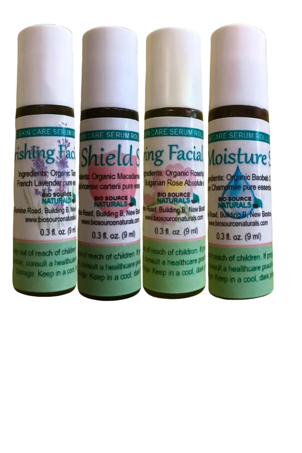 Facial Serum Roll-On Collection (Set of 4) - 0.3 fl oz (9 ml) Amber Glass Roll-On Bottle with Stainless Steel Roller Ball and Cap