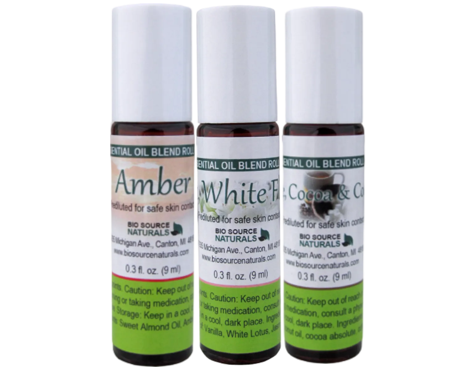 All Natural Fragrance Roll-On Collection - 3 Pack - 0.3 fl oz (9 ml) Amber Glass Roll-on Bottles with Stainless Steel Roller Ball and Cap