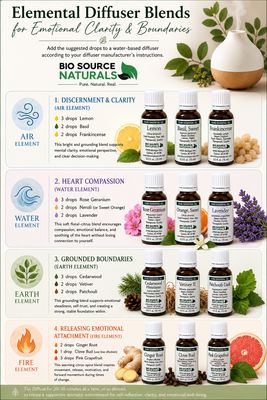 Printable elemental diffuser blend guide from BioSource Naturals featuring aromatherapy recipes for emotional clarity and emo