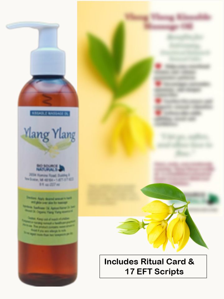 Ylang Ylang Kissable Massage Oil Bottle with Ritual Card and Ylang Ylang Flowers – BioSource Naturals