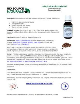 Allspice Pure Essential Oil with Analysis Report &amp; Free Affirmation Digital Card