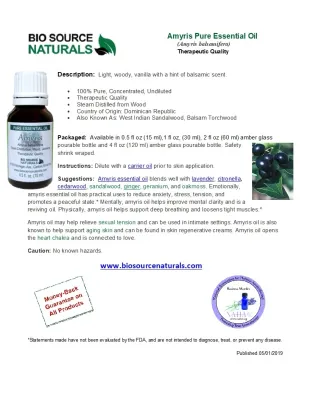 Amyris Pure Essential Oil with Analysis Report &amp; Free Affirmation Digital Card