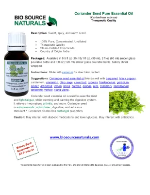 Coriander Seed Pure Essential Oil with Analysis Report &amp; Free Affirmation Digital Card