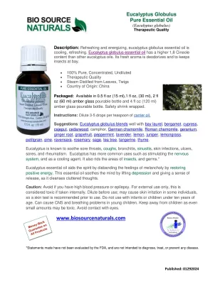 Eucalyptus, Globulus Pure Essential Oil Product Bulletin