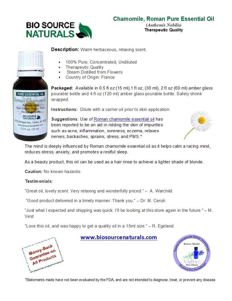 Chamomile, Roman Pure Essential Oil Product Bulletin