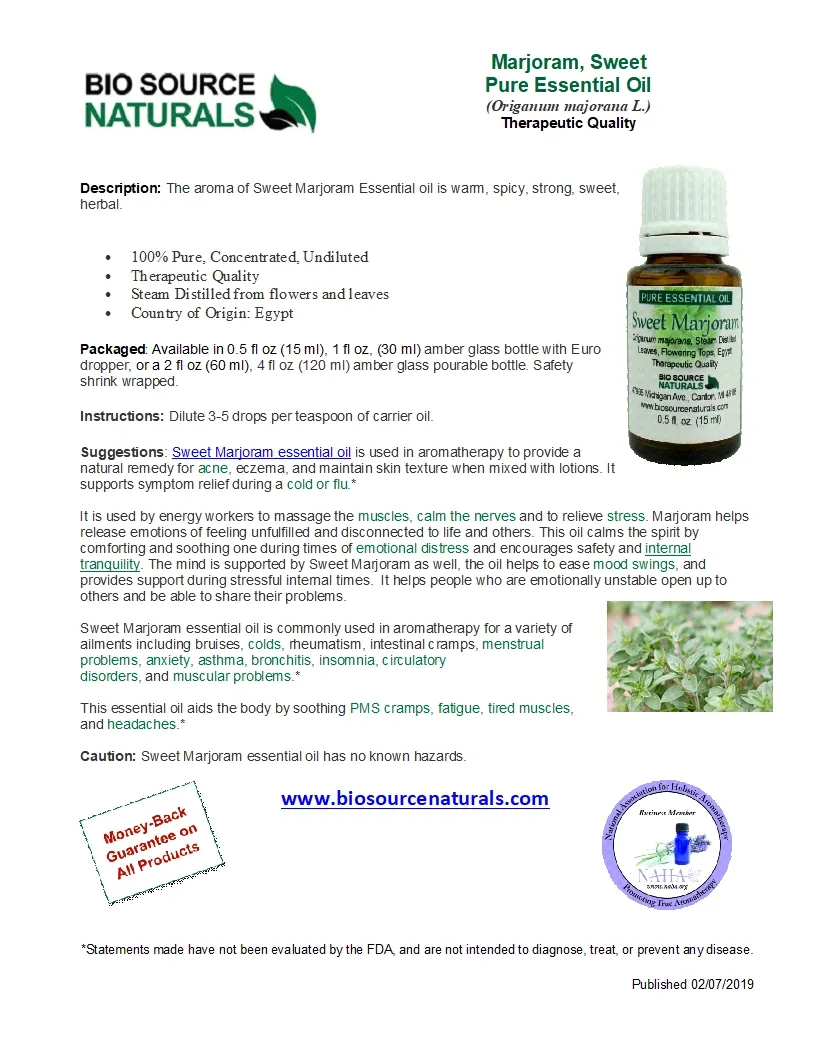 Sweet Marjoram Pure Essential Oil Product Bulletin