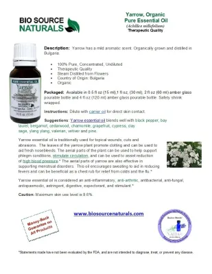 Yarrow Pure Essential Oil, Organic  - Bulgarian - with Analysis Report &amp; Free Affirmation Digital Card