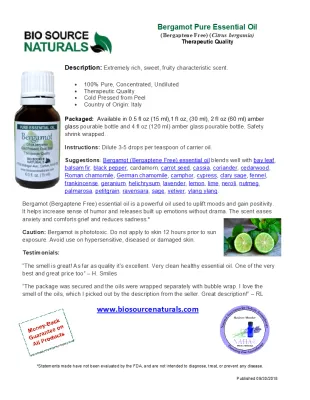Bergamot Pure Essential Oil (Bergaptene Free) with Free Affirmation Digital Card