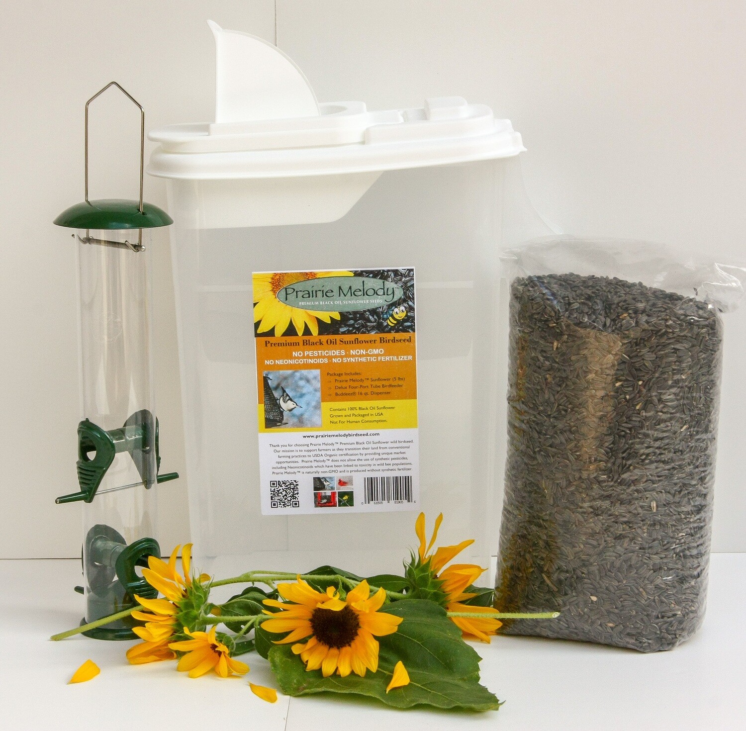 **** FREE SHIPPING **** Deluxe Gift Set - 5 lbs Premium Sunflower Birdseed, Deluxe Tube Feeder, 16-qt Pour Spout Container