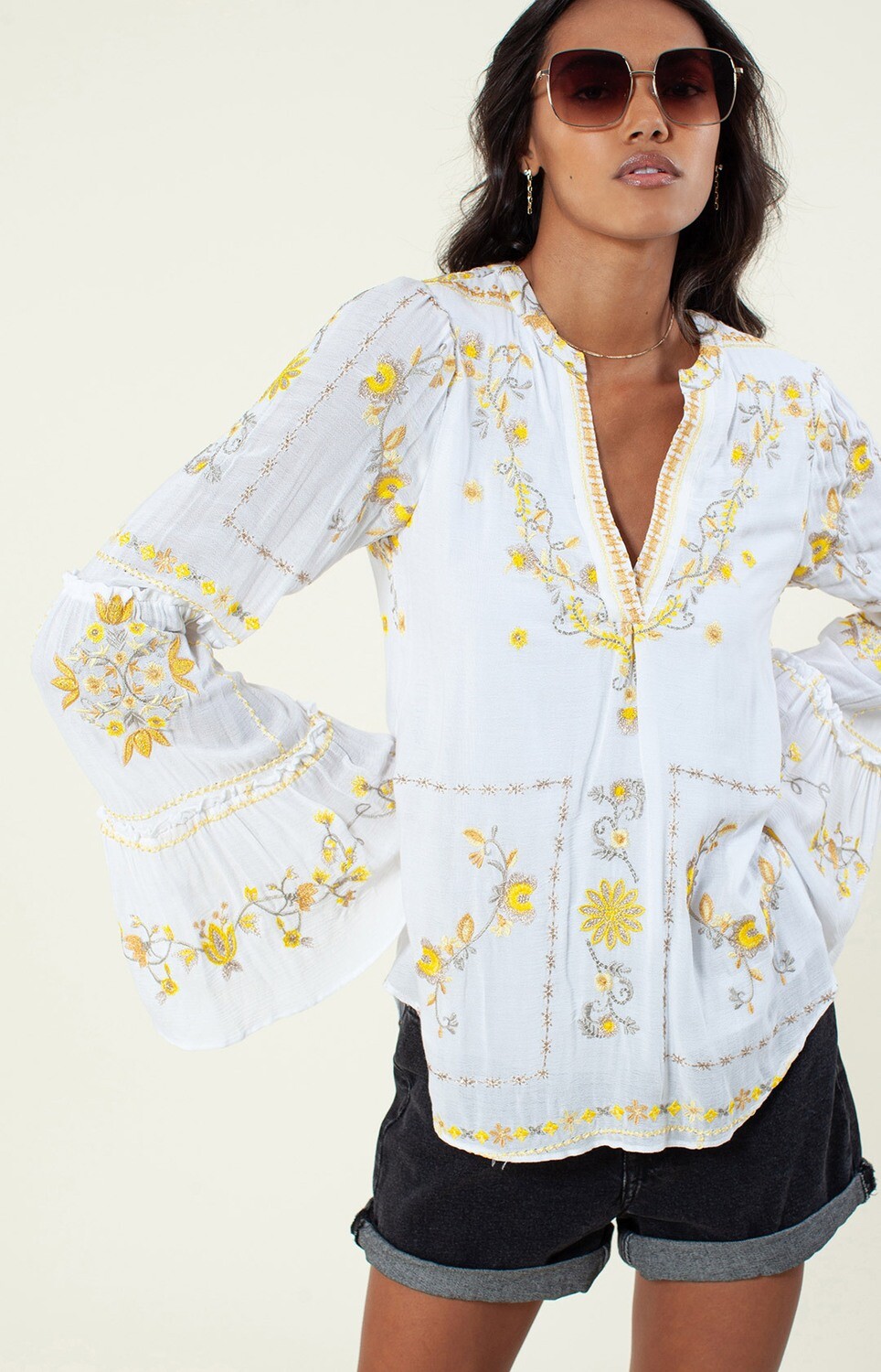 Hale Bob Aylin Embroidered Yellow Flower Top