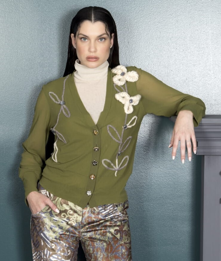 Petit Pois Olive Green Flower Cardigan