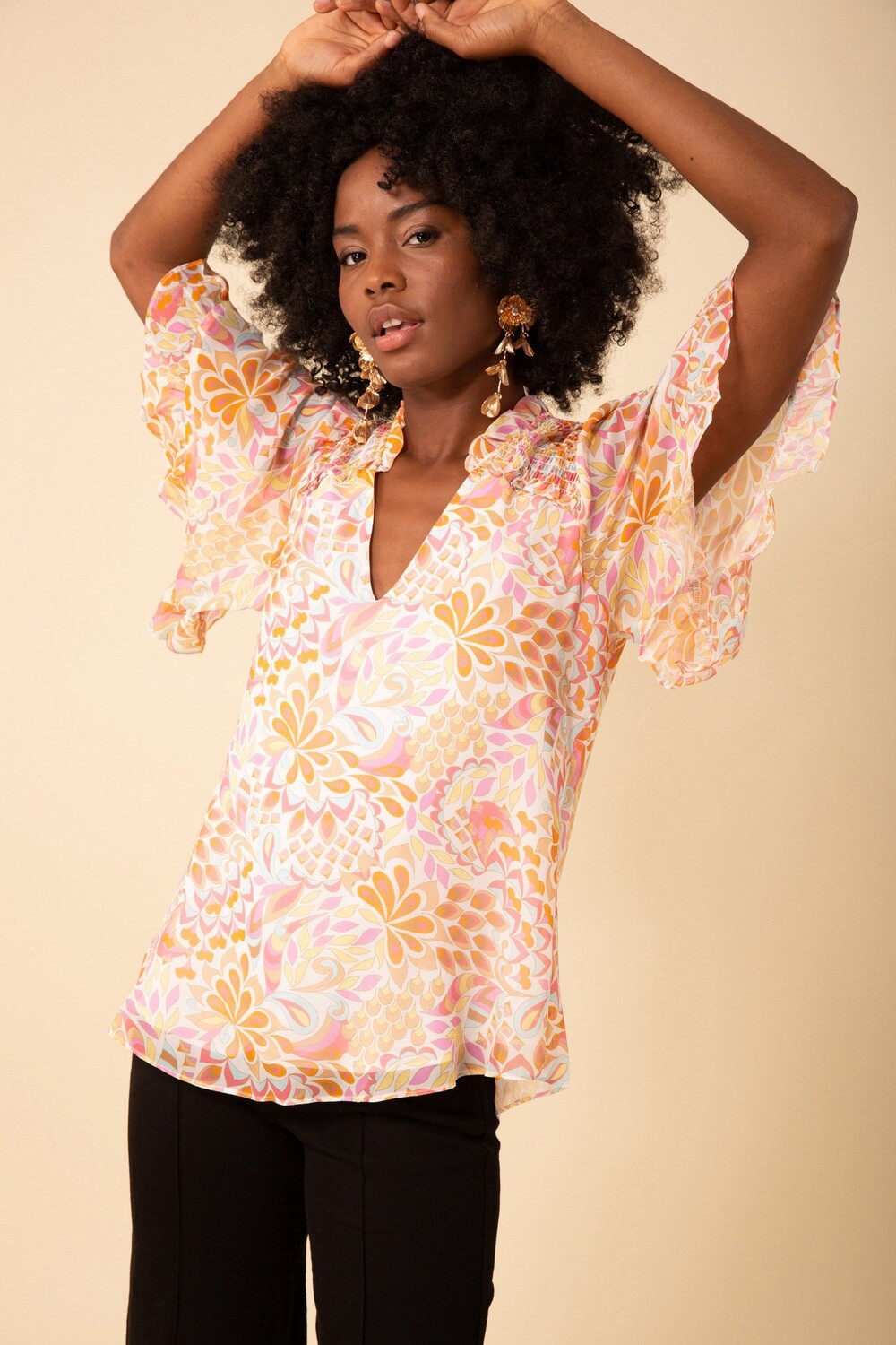 Hale Bob Diana Smocked Georgette Top 42LD222A