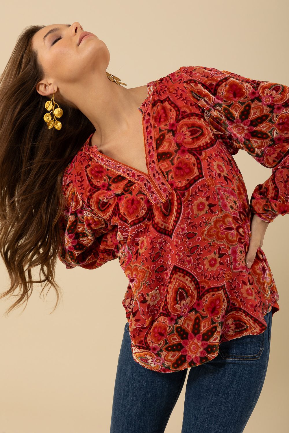 Hale Bob Keira Velvet Burnout Top - Orange