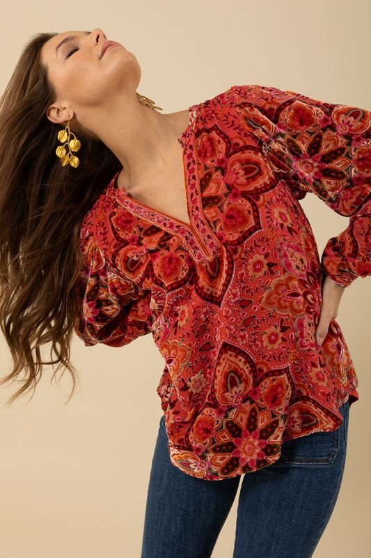 Hale Bob Keira Velvet Burnout Top - Orange