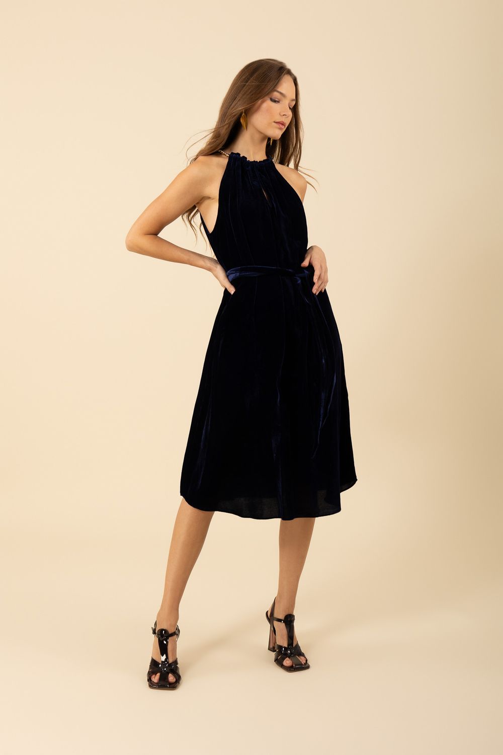 Hale Bob Meadow Halter Velvet Dress - Navy 49HN632A
