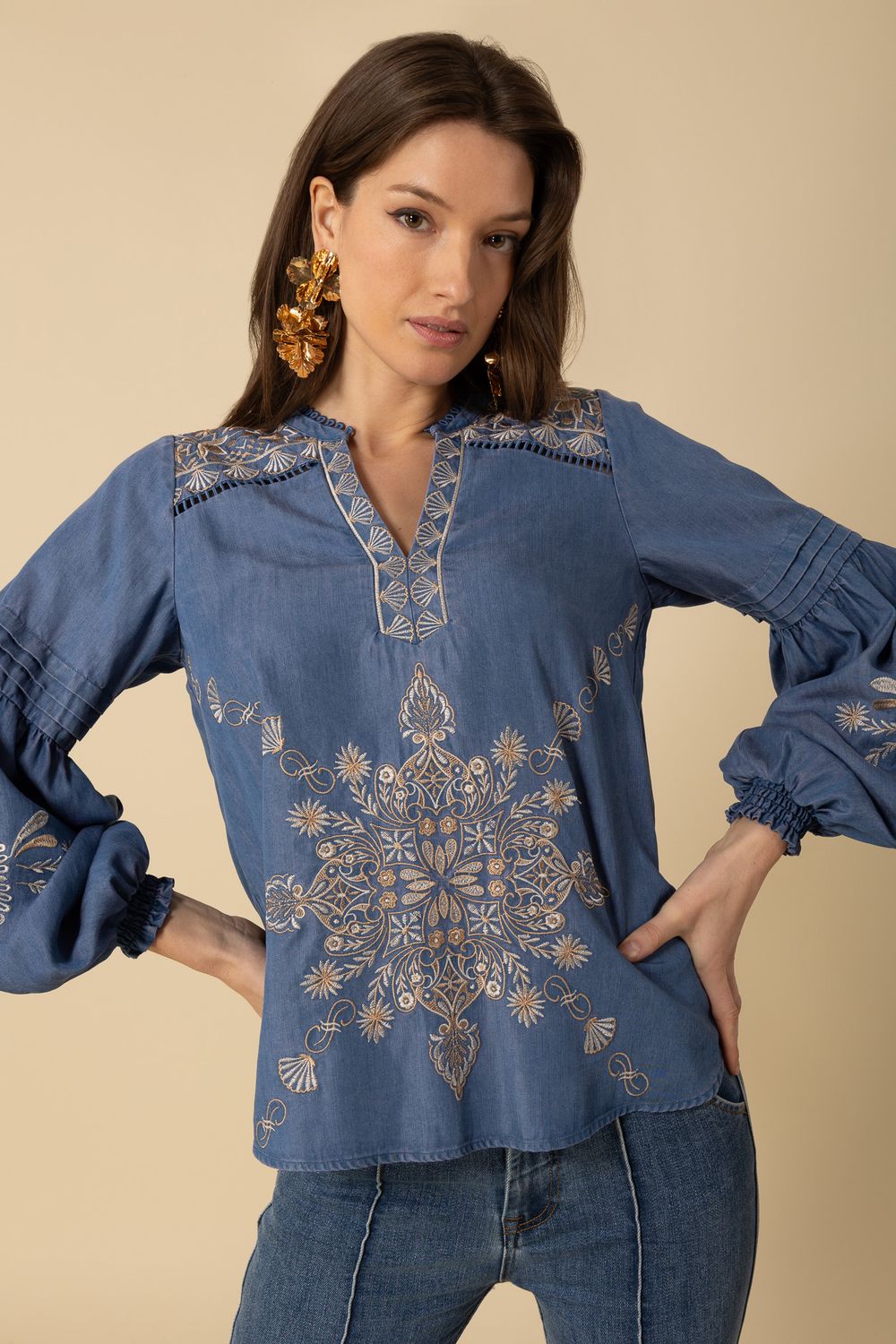 Hale Bob Elliott Embroidered Chambray Top 4YEP240T Blue