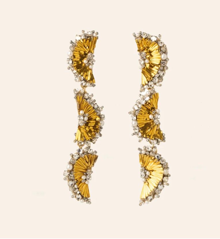 Mignonne Gavigan Murray Gold Pearl Crystal Embroidered Triple Drop Earrings