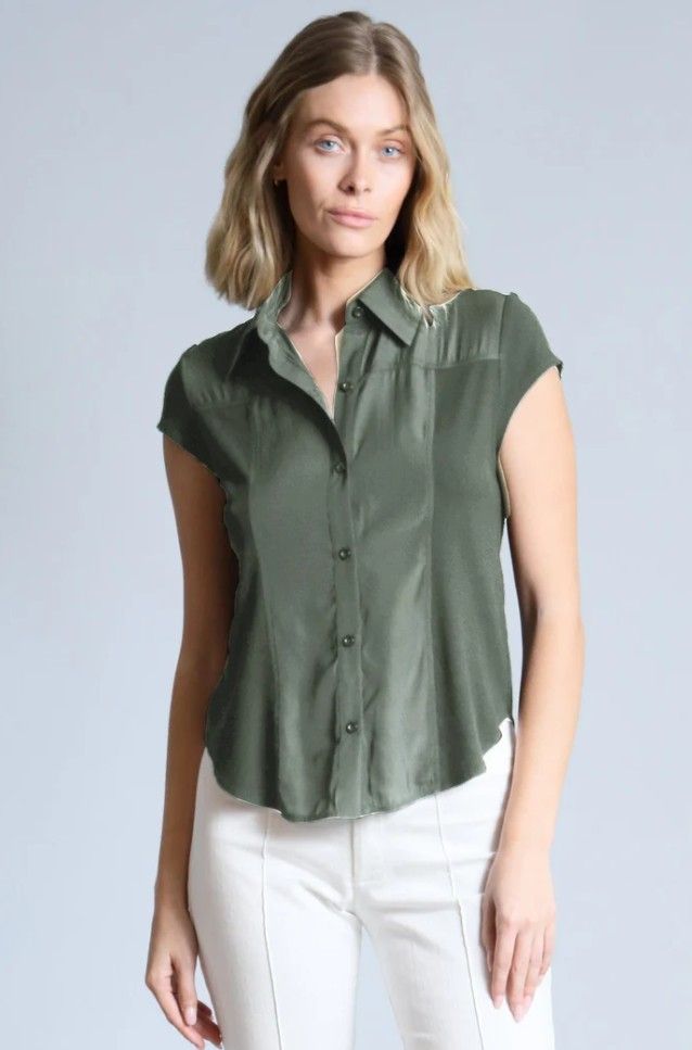 Lola + Sophie Hybrid Cap Sleeve Shirt - Olive T6391