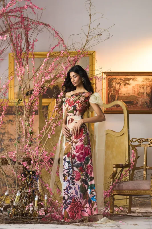 La Fuori Botanical Symphony Printed Mesh Dress